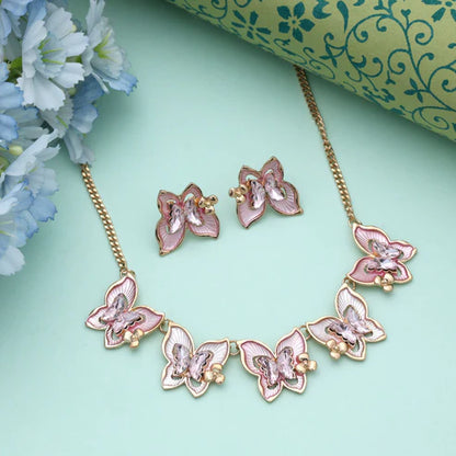 Pink Color Butterfly Design Anti Tarnish Necklace Set With Feminine Stylish Fashion Appeal