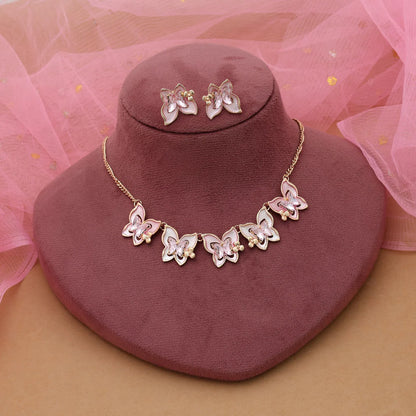 Pink Color Butterfly Design Anti Tarnish Necklace Set With Feminine Stylish Fashion Appeal