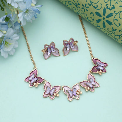 Purple Color Butterfly Design Anti Tarnish Necklace Set With Elegant Party Wear Finish
