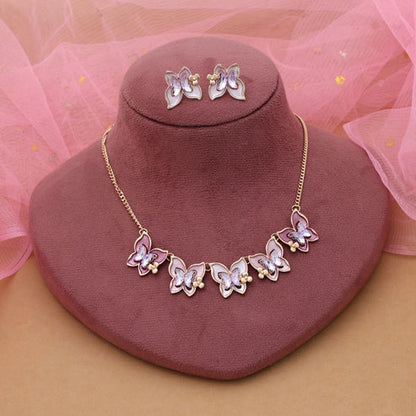 Purple Color Butterfly Design Anti Tarnish Necklace Set With Elegant Party Wear Finish