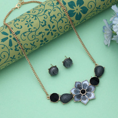 Black Color Flower Design Anti Tarnish Necklace Set With Stylish Modern Floral Detail