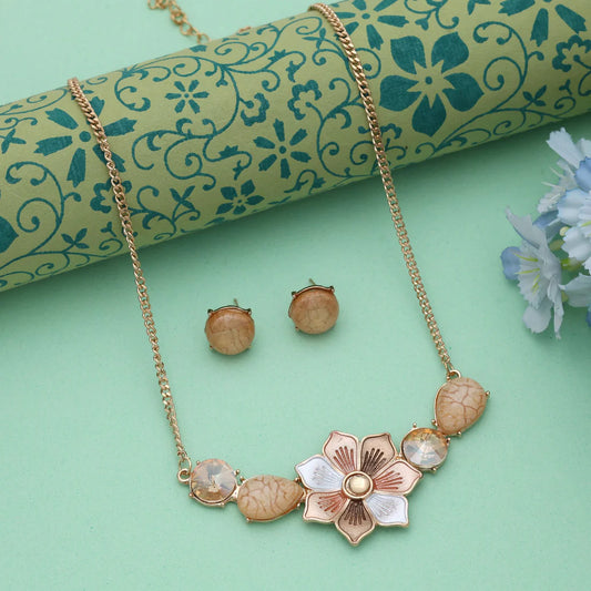 Gold Color Flower Design Anti Tarnish Necklace Set With Premium Classic Floral Styling