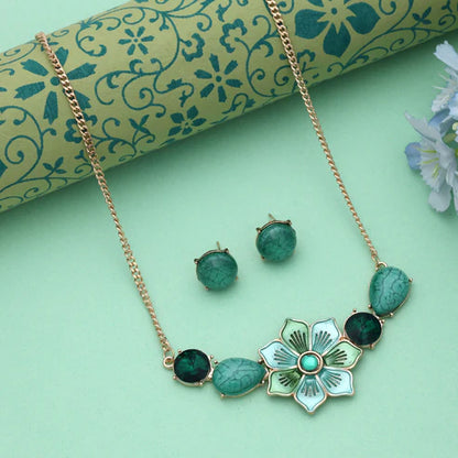 Green Color Flower Design Anti Tarnish Necklace Set With Elegant Floral Inspired Charm