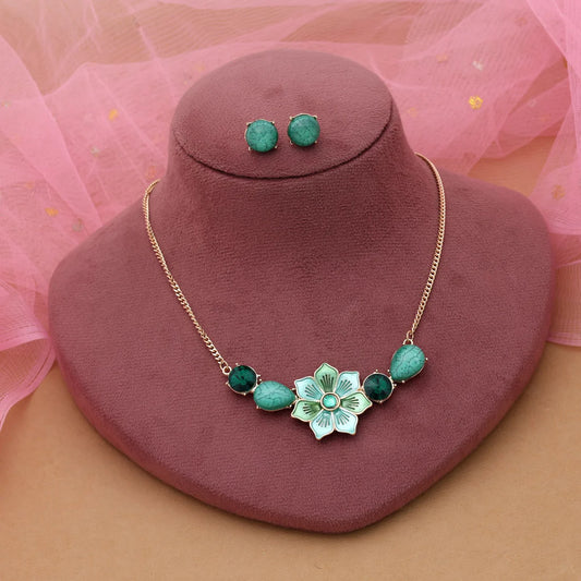 Green Color Flower Design Anti Tarnish Necklace Set With Elegant Floral Inspired Charm