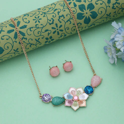 Multi Color Flower Design Anti Tarnish Necklace Set With Vibrant Ethnic Artistic Look