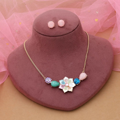 Multi Color Flower Design Anti Tarnish Necklace Set With Vibrant Ethnic Artistic Look