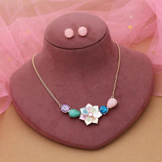 Multi Color Flower Design Anti Tarnish Necklace Set With Vibrant Ethnic Artistic Look