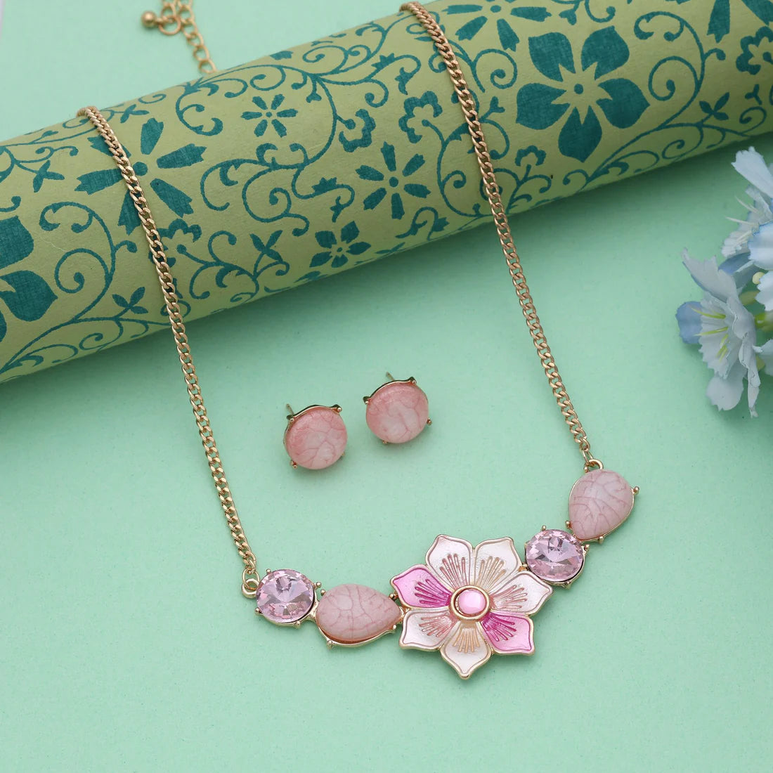 Pink Color Flower Design Anti Tarnish Necklace Set With Soft Elegant Floral Appeal