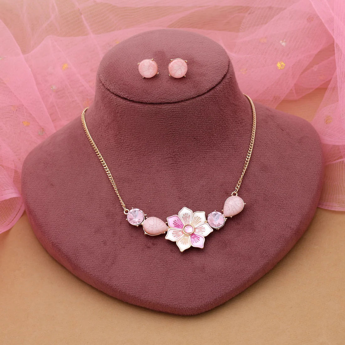 Pink Color Flower Design Anti Tarnish Necklace Set With Soft Elegant Floral Appeal