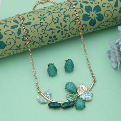Green Color Flower Design Anti Tarnish Necklace Set With Traditional Festive Elegance