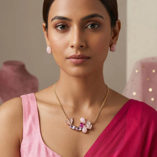 Pink Color Flower Design Anti Tarnish Necklace Set With Feminine Fashion Floral Shine