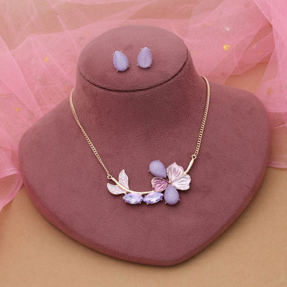 Purple Color Flower Design Anti Tarnish Necklace Set With Elegant Evening Style Look