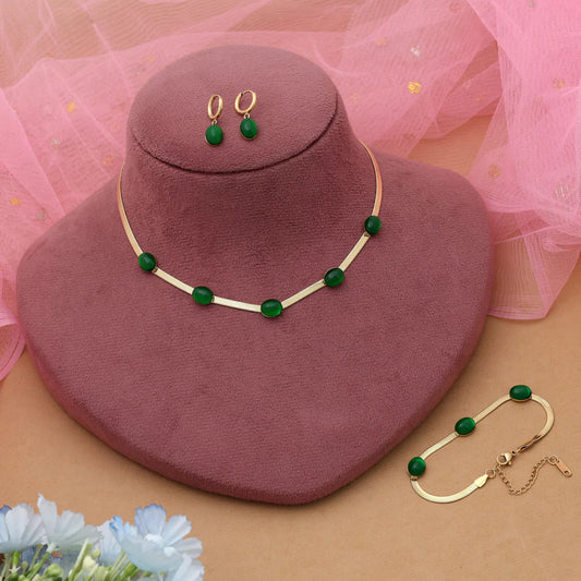Green Color Anti Tarnish Necklace Set With Stylish Contemporary Jewelry Appeal