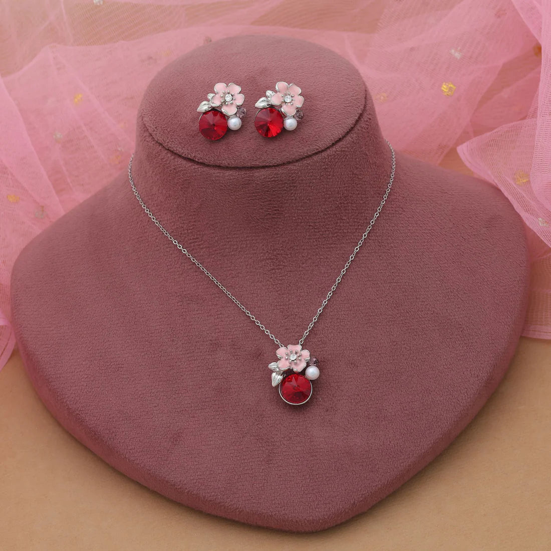 Red Color Anti Tarnish Necklace Set With Bold Festive Traditional Styling