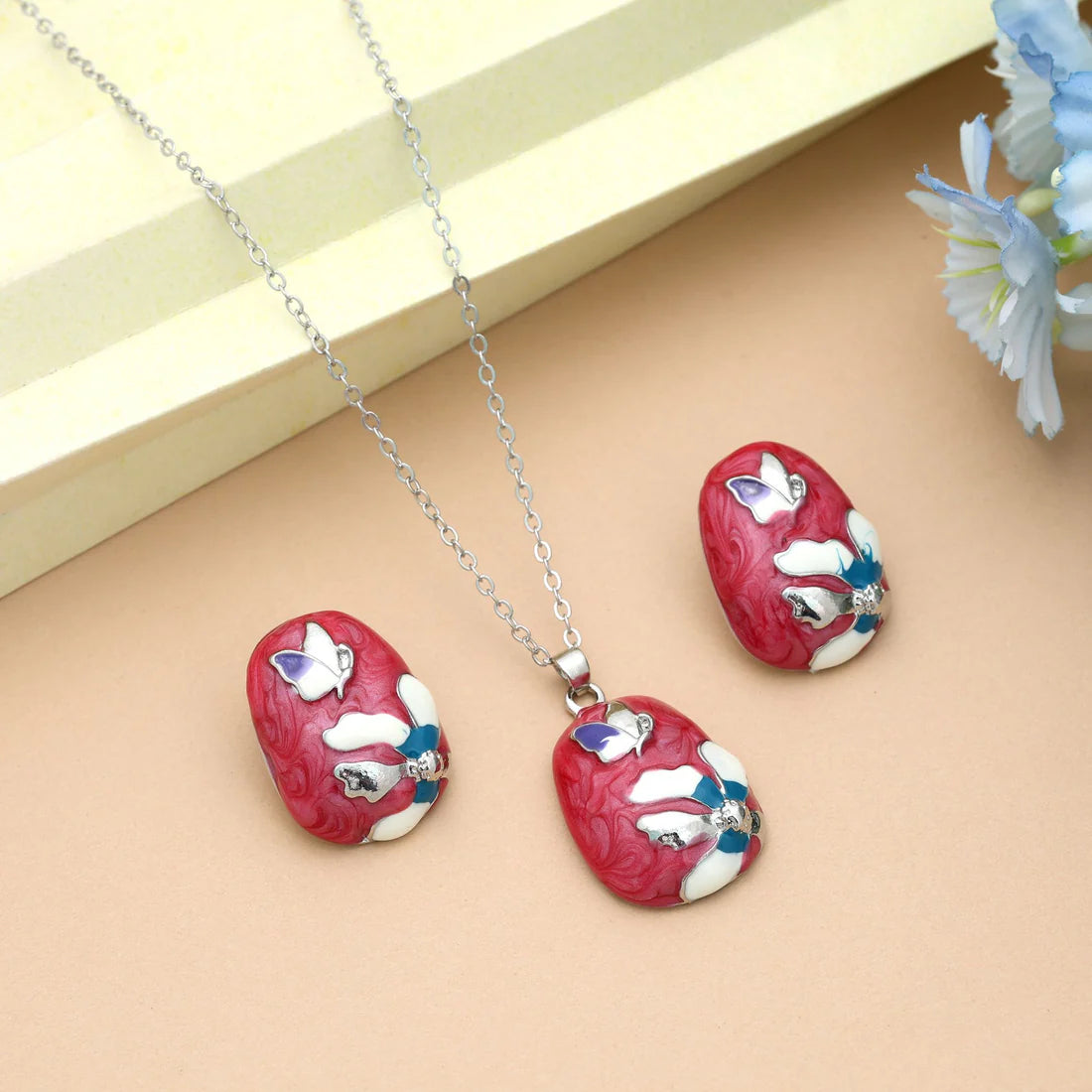 Dark Pink Color Meena Work Anti Tarnish Necklace Set With Vibrant Artistic Finish