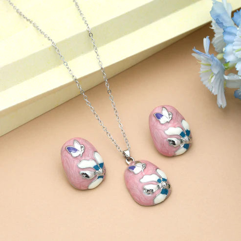 Pink Color Meena Work Anti Tarnish Necklace Set With Artistic Traditional Design