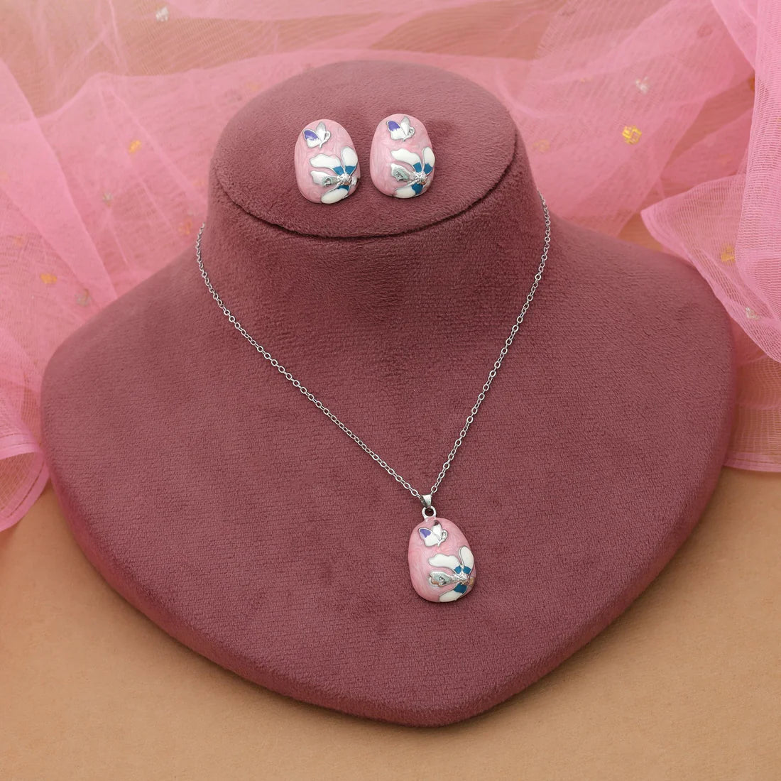 Pink Color Meena Work Anti Tarnish Necklace Set With Artistic Traditional Design