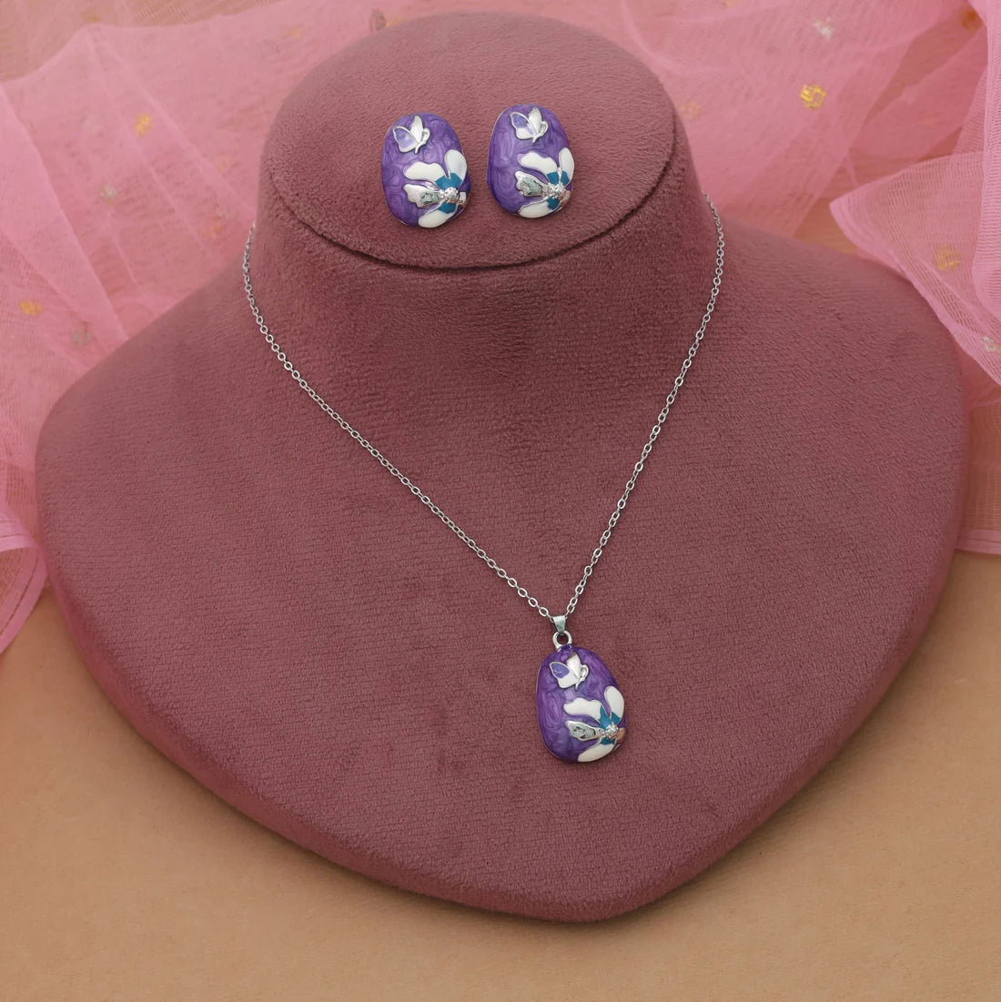 Purple Color Meena Work Anti Tarnish Necklace Set With Classic Ethnic Craft Detail