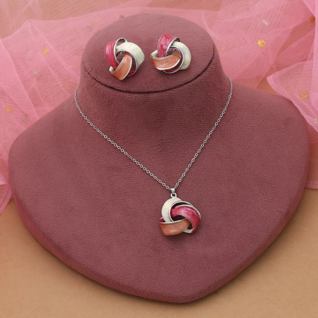 Dark Pink Color Meena Work Anti Tarnish Necklace Set With Bright Fashion Charm