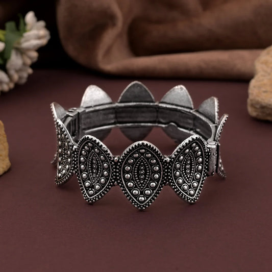 Silver Color Oxidised Openable Bracelet Featuring Traditional Indian Craftsmanship