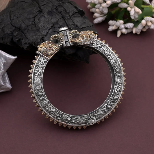 Gold & Silver Color Two Tone Oxidised Openable Bracelet With Carved Detailing