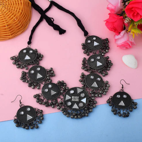 Elegant Layered Silver Color Oxidised Necklace Set For Statement Fashion Look
