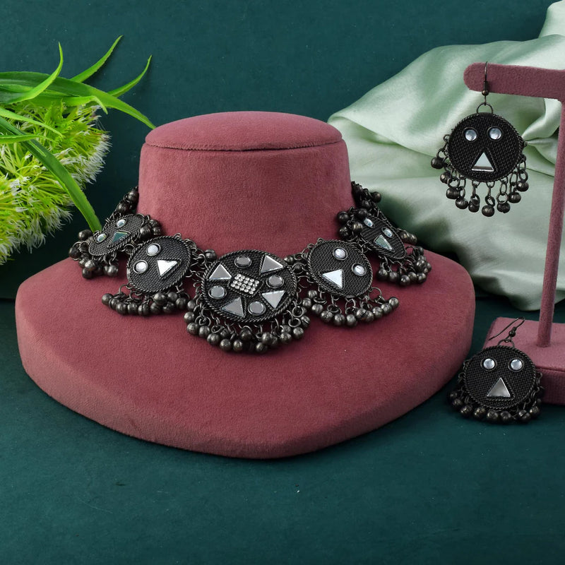 Elegant Layered Silver Color Oxidised Necklace Set For Statement Fashion Look