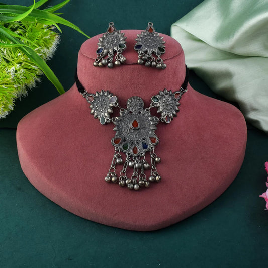 Multi Color Meena Work Oxidised Necklace Set For Vibrant Festive Dressing