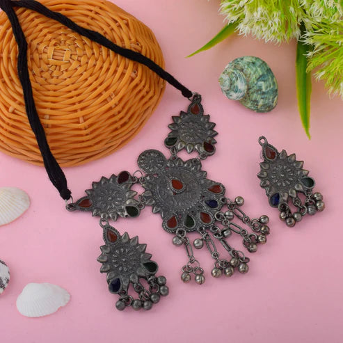 Multi Color Meena Work Oxidised Necklace Set For Vibrant Festive Dressing