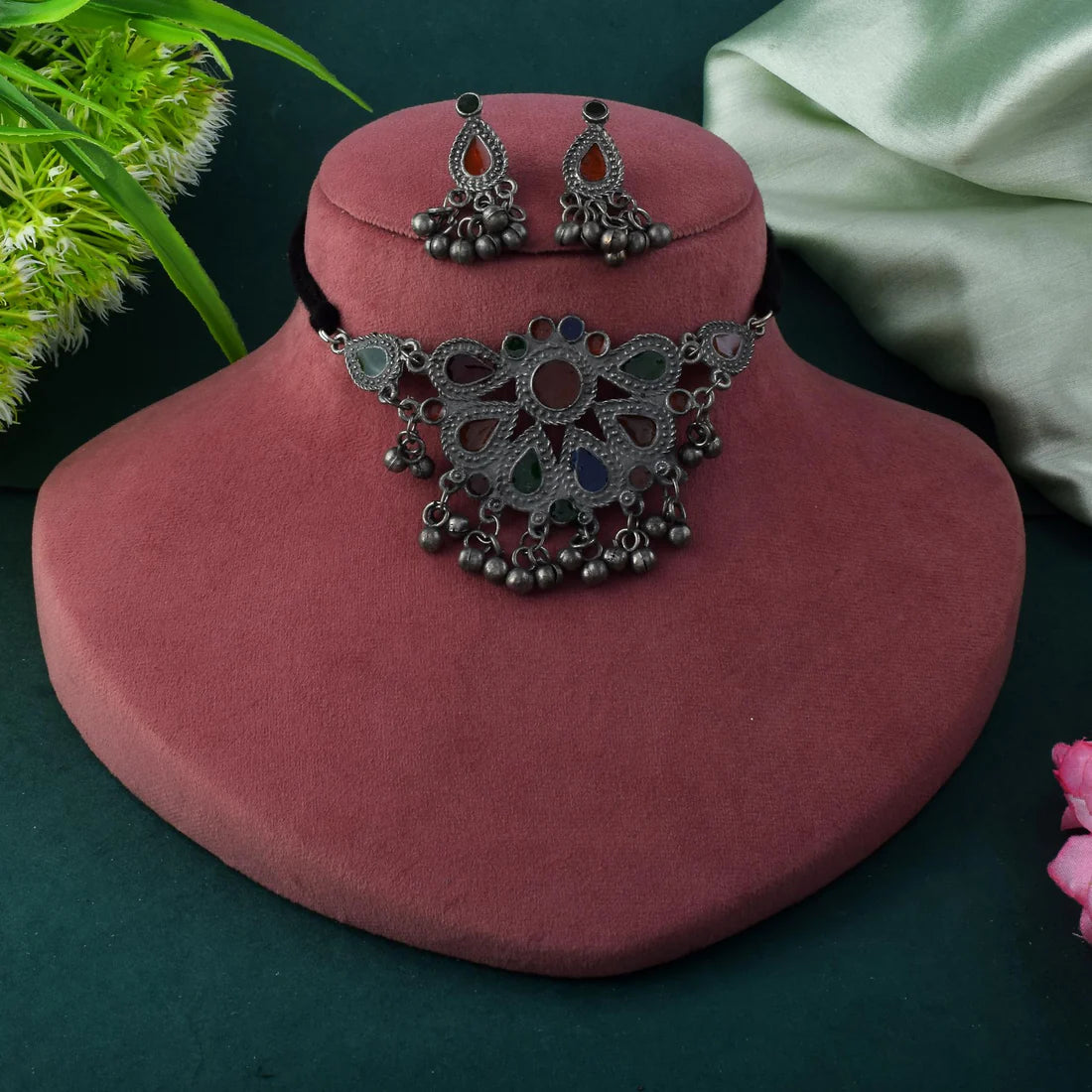 Classic Multi Color Meena Work Oxidised Necklace Set With Elegant Finishing