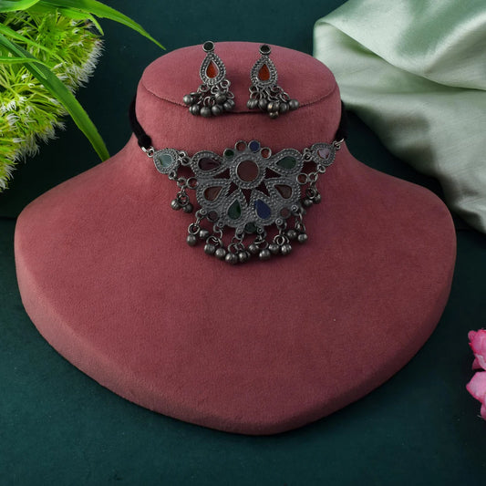 Classic Multi Color Meena Work Oxidised Necklace Set With Elegant Finishing