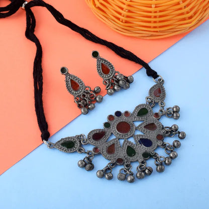 Classic Multi Color Meena Work Oxidised Necklace Set With Elegant Finishing