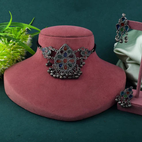 Traditional Multi Color Meena Work Oxidised Necklace Set With Intricate Crafting