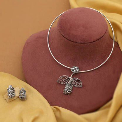 Silver Color Lord Laxmi Hasli Oxidised Necklace Set Perfect For Religious And Ethnic Occasions