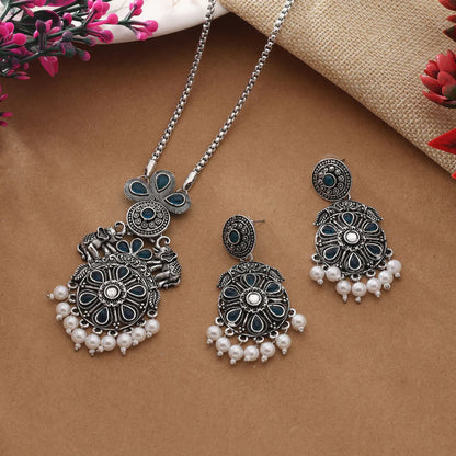 Elegant Turquoise Blue Color Oxidised Necklace Set For Modern Ethnic Look