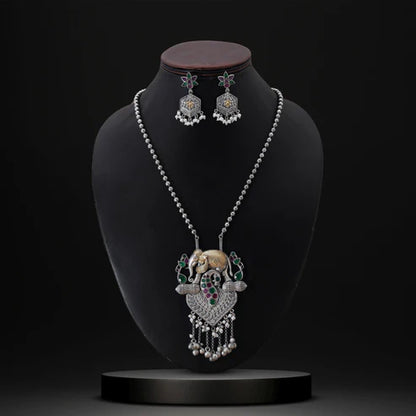 Rani & Green Color Dual Tone Oxidised Necklace Set With Beautifully Detailed Handcrafted Accents