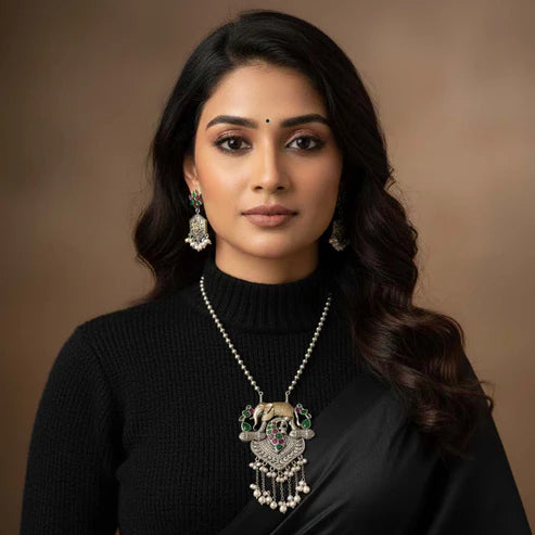 Rani & Green Color Dual Tone Oxidised Necklace Set With Beautifully Detailed Handcrafted Accents