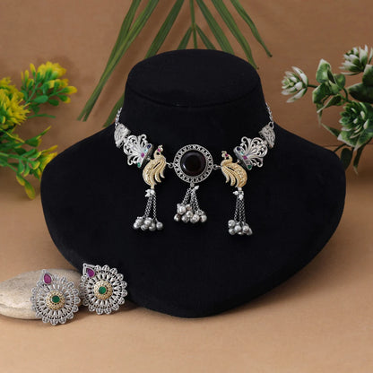 Multi Color Dual Tone Oxidised Necklace Set Enhanced With Artistic Motifs For Timeless Ethnic Charm