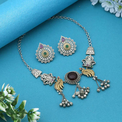 Multi Color Dual Tone Oxidised Necklace Set Enhanced With Artistic Motifs For Timeless Ethnic Charm