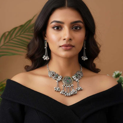 Multi Color Dual Tone Oxidised Necklace Set Designed For Bold Statement Traditional Fashion Appeal