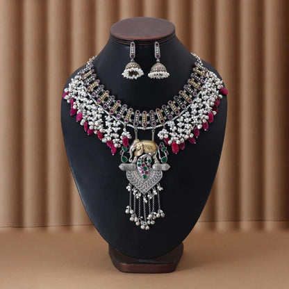 Rani & Green Color Dual Tone Oxidised Necklace Set Offering Regal Tones With Ornate Craftsmanship