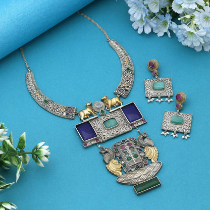 Multi Color Dual Tone Oxidised Necklace Set Reflecting Cultural Artistry With Striking Decorative Details