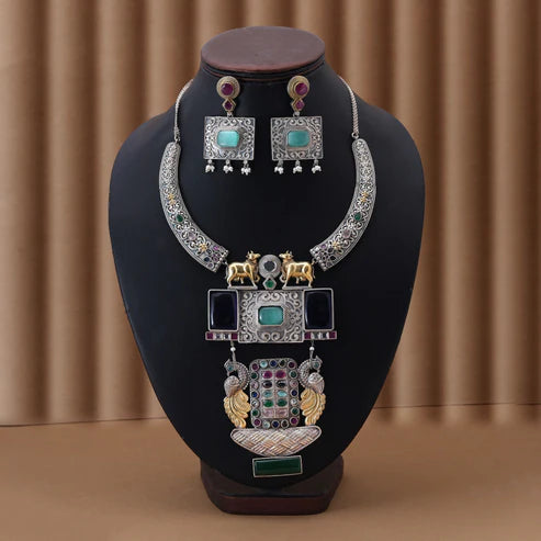 Multi Color Dual Tone Oxidised Necklace Set Reflecting Cultural Artistry With Striking Decorative Details