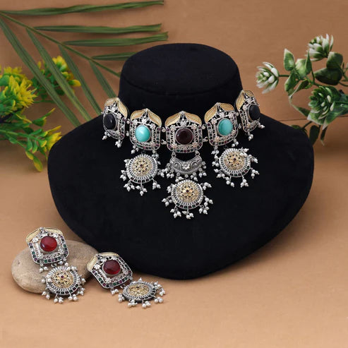 Multi Color Choker Dual Tone Oxidised Necklace Set Delivering Vibrant Festive Elegance With Oxidised Finish