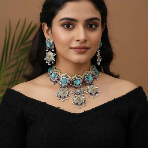 Pista Green Color Choker Dual Tone Oxidised Necklace Set Crafted For A Graceful Classic Look