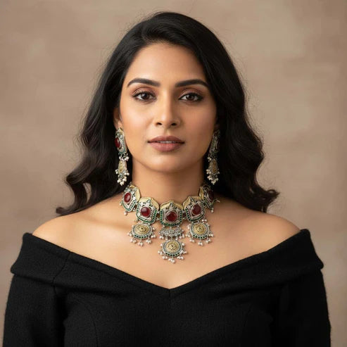 Red Color Choker Dual Tone Oxidised Necklace Set Showcasing Bold Hues And Refined Oxidised Work