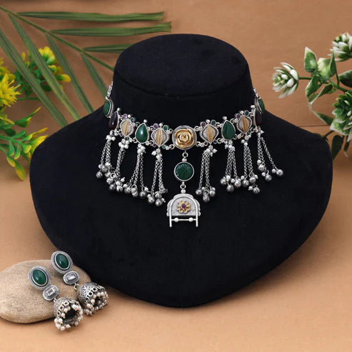 Maroon & Green Color Choker Dual Tone Oxidised Necklace Set Designed For Rich Traditional Festive Appearance