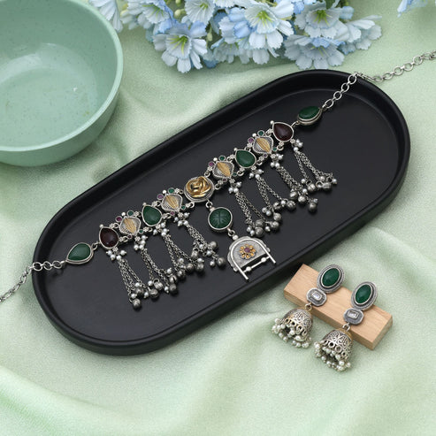 Maroon & Green Color Choker Dual Tone Oxidised Necklace Set Designed For Rich Traditional Festive Appearance