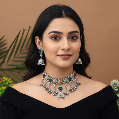 Maroon & Green Color Choker Dual Tone Oxidised Necklace Set Designed For Rich Traditional Festive Appearance