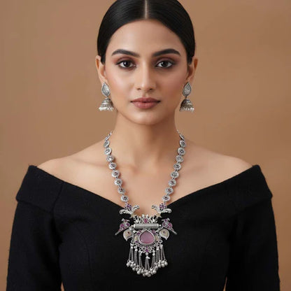 Light Pink & Rani Color Dual Tone Oxidised Necklace Set Blending Soft Tones With Exquisite Oxidised Styling